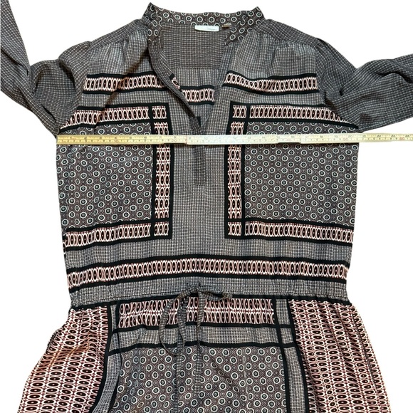 Halogen Boho Geometric Print Tie Neck Long Sleeve Dress Black Gray Red sz L - Picture 10 of 11